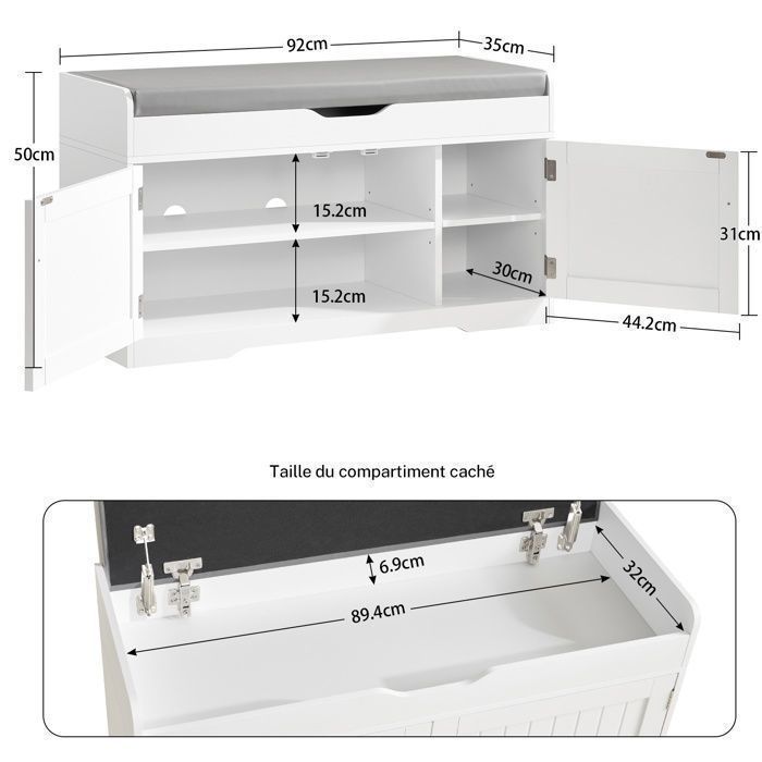 Banc à Chaussures Avec Rangement - Blanc, 92x35x50 Cm, Siège Rembourré, 2 étagères Réglables, Pour Entrée Ou Chambre - 6