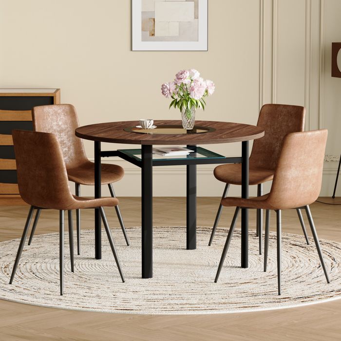 Table Ronde Moderne Table ronde - Moderne - 100 cm - Marron+Noir - Verre trempé - Rangement ...