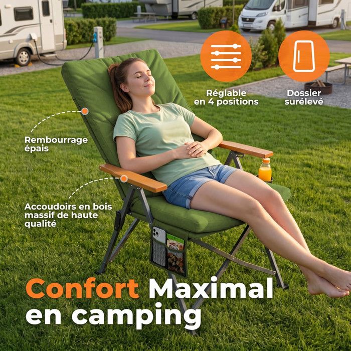 Homecall Chaise De Camping Pliante – Cadre Acier Robuste – Tissu 600D – Vert – Avec Sac De Transport – Charge Max 110 Kg