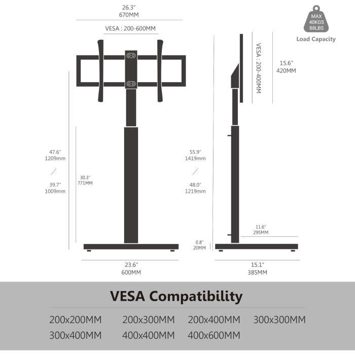 Support TV Sur Pied FITUEYES Pour Écrans 32-60" - Pivotant 70°, Réglable Hauteur 106-124cm, Max 30kg