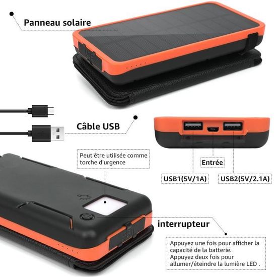 Batterie Externe Solaire 10000mAh USB Chargeur Portable avec Panneau  Solaire, Splashproof, Antipoussière, Antichoc Power Bank avec Double Lampe  de