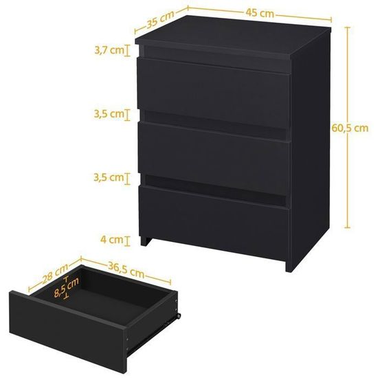 Yaheetech Table de Chevet en Bois avec 3 Tiroirs Table de Nuit D/ésign Moderne Simple Table dAppoint pour Salon Chambre et Bureau 45 x 35 x 60,5 cmBlanche