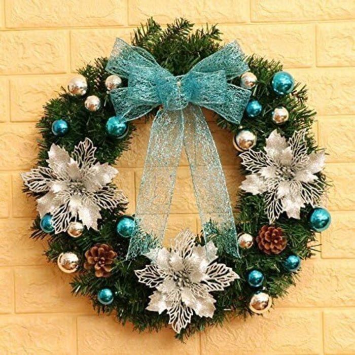 Fleurs Artificielles Poinsettia (Étoiles De Noël) Pailletées Blanches - Lot De 10 Pour Décoration De Sapin - 2