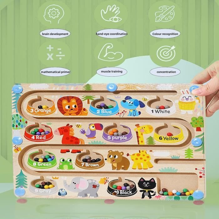 Jouet Labyrinthe Magnétique Montessori – Bois – Apprentissage Couleurs Et Chiffres – Dès 3 Ans – Stylet Aimanté