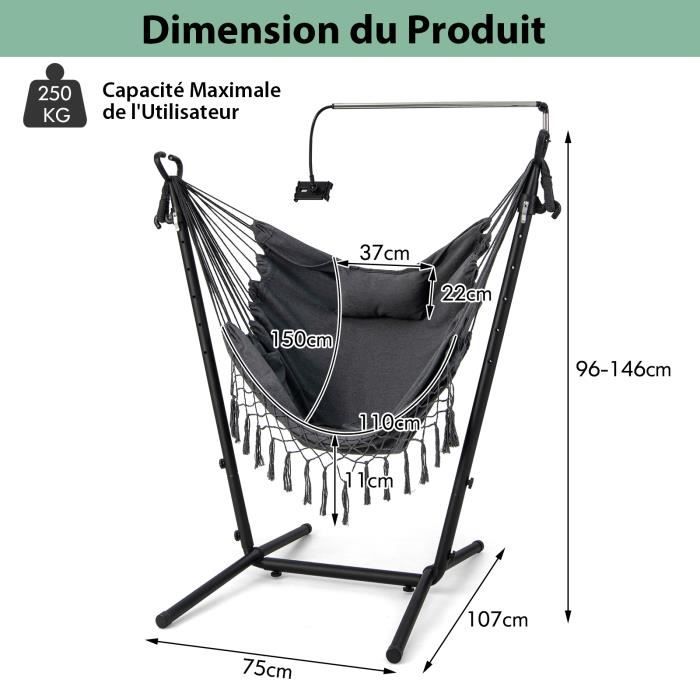 COSTWAY Hamac Avec Support Métallique XXL – Charge 150 Kg, Toile Poly-Coton Douce 210x100 Cm, Cadre Stable 320 Cm, Idéal Jardin Patio, Sac De Transport Inclus – Multicolore