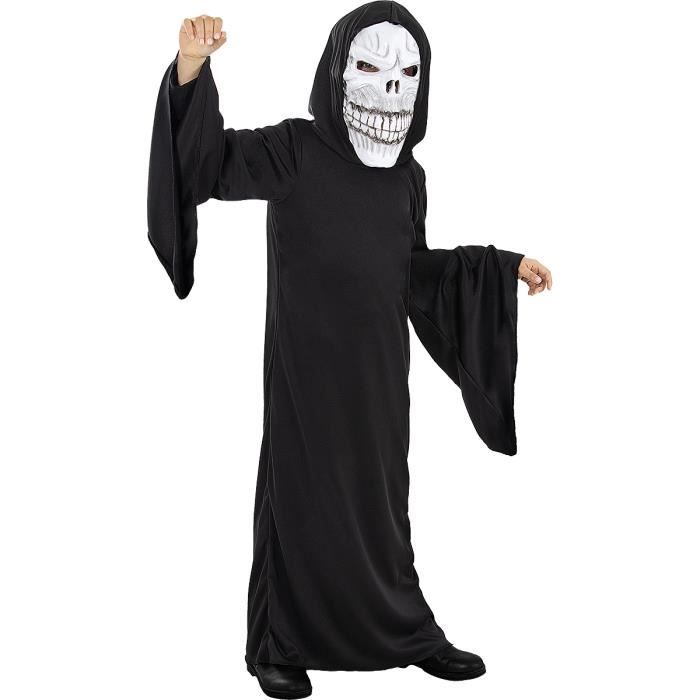 Costume Faucheuse Enfant – Robe Squelette, Cape, Faux Et Gants – Déguisement Halloween 3-12 Ans