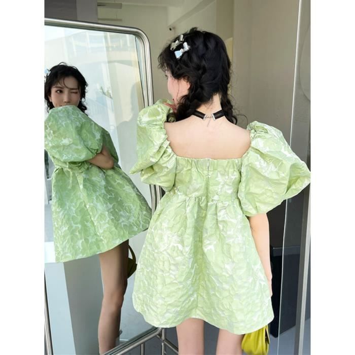 Mini Robe Verts CRAZE Mini robe à manches bouffantes courtes col carré robes d ...