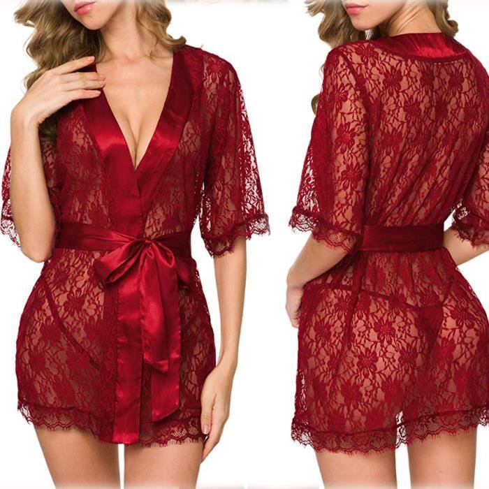 Chemise de Nuit Femme Nuisette avec G String Dentelle Robe de Nuit Col V Vetements de Nuit Lingerie Pyjama Transparente Noir Noir Cdiscount Pret a Porter