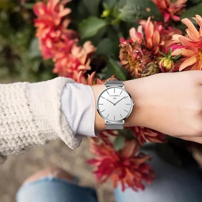 Montre Femme Analogique Chic - Boîtier Argenté 40mm, Bracelet Noir Acier - Quartz