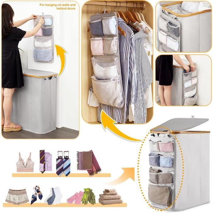 Organisateur Linge Famille Panier à Linge 3 Compartiments NOSTHEART 160L - Pliable Avec Couvercle - Bambou - Gris Clair Paniere A Linge Sale