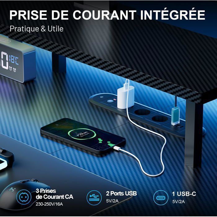 Led HLFURNIEU , Bureau Gamer Avec Prise Intégrée & Port USB, 120 X 60 Cm Table Ordinateur Ergonomique Avec Support De Moniteur, Porte Gobelet, Crochet Pour Casque, Noir Bureau Gaming