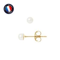 PERLINEA - Boucles d'Oreilles - Véritables Perles de Culture d'Eau Douce Boutons 3-4 mm Blanc Naturel - Or Jaune - Bijoux Femme