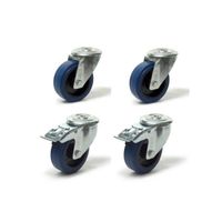 Lot roulettes à oeil pivotantes et pivotante à frein caoutchouc élastique bleu 125 mm  charge 750 Kg