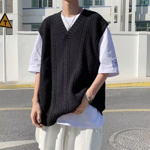 GILET - CARDIGAN Gilet pull sans manches pour homme,Style coréen,ample,joli,tendance,Harajuku,loisirs,Streetwear quotidien,classique- black vest