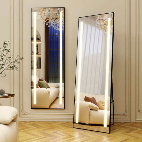 Miroir Sur Pied LED XXL 150x50cm - 3 Couleurs Dimmables, Cadre Aluminium - Avec Support, Pour Chambre, Salon, Dressing