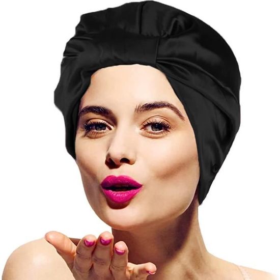 Bonnet De Nuit Satin Ajustable Pour Cheveux Bouclés - Bonnet Soie Large Noir + Élastique Confort