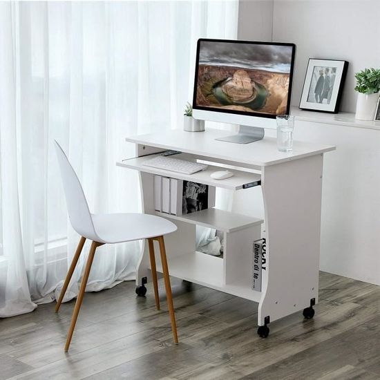 Bureau informatique à roulettes, Table d'ordinateur, Meuble de Bureau -  blanc - Cdiscount Maison