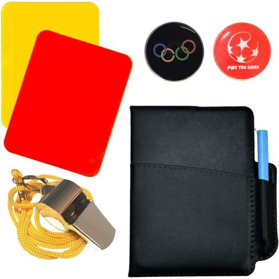 Lot de 2 cartes pour arbitre de football avec carnet et crayon, sifflets en acier inoxydable avec lanière (style 3) - Rouge/jaune