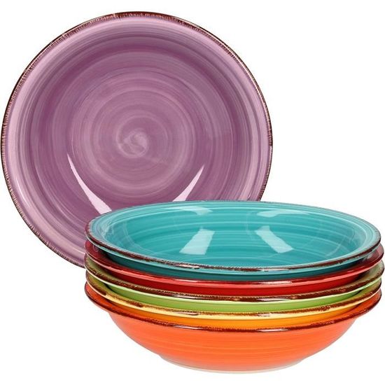 6 Assiettes Creuses Grès 750ml - Colorées, Résistantes Four, Service Soupe Salade