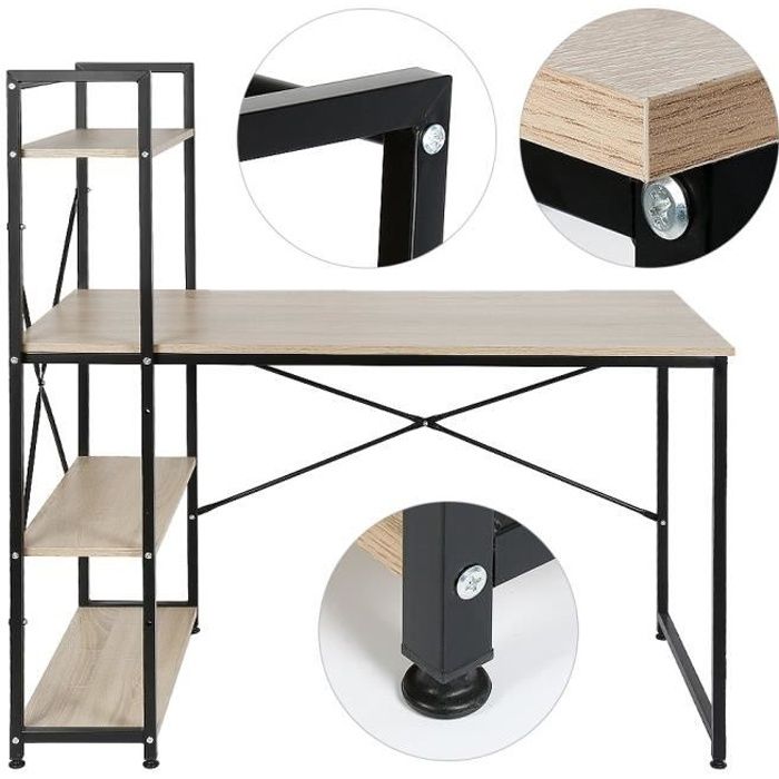 Table de Bureau avec étagère de Rangement, Style industriel, Bureau d'ordinateur stable en Métal et Bois - 120x64x121cm Chêne clair