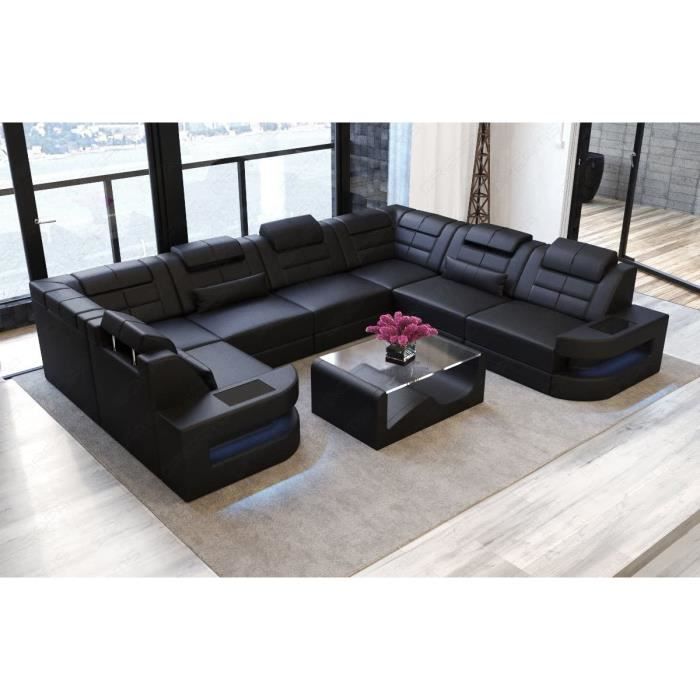 Canapé Intérieur Design Como Cuir en Forme de U Cuir Noir Canapé Cuir Canapé Coin Canapé LED Clair Appuie-Tête Designersofa