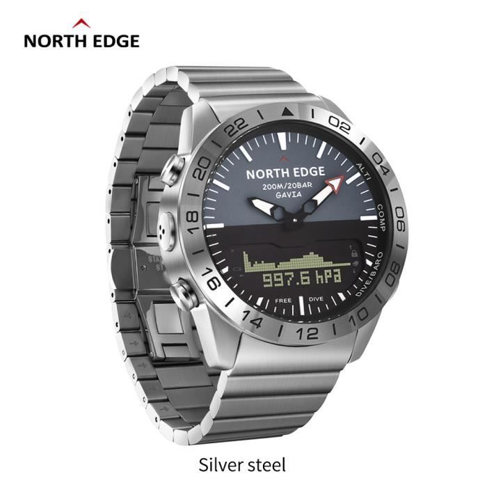 A North Edge GAVIA 2 montres pour hommes d'affaires de luxe en acier complet étanche 200 m altimètre boussole plongée sport numériqu