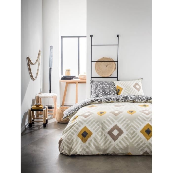 TODAY Parure de couette 220x240 + 2 taies d'oreiller 65x65 cm - 100% Coton - Gris Ethnique SUNSHINE 4.27