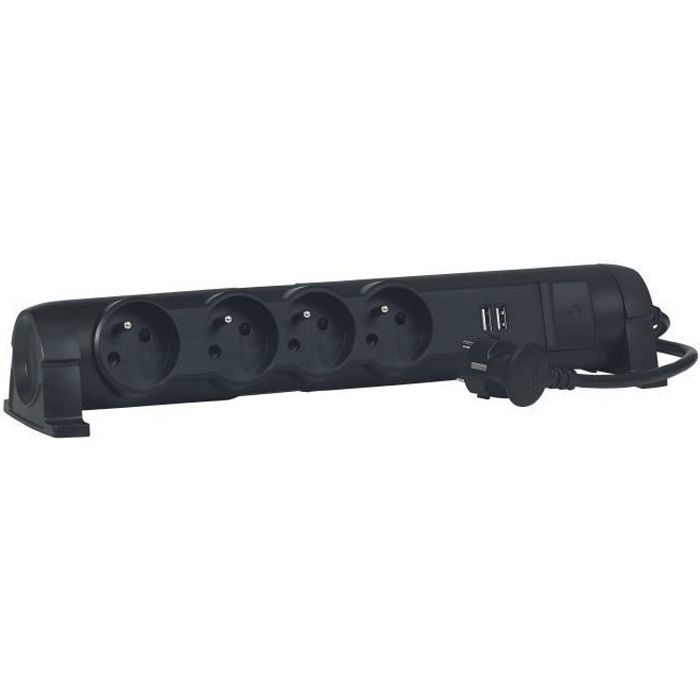 LEGRAND Rallonge multiprise 4x2 P+T 2 chargeurs USB noir