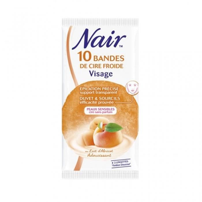 Nair 10 Bandes de Cire Froide Visage Peaux Sensibles Cire Sans Parfum au Lait d’Abricot Adoucissant