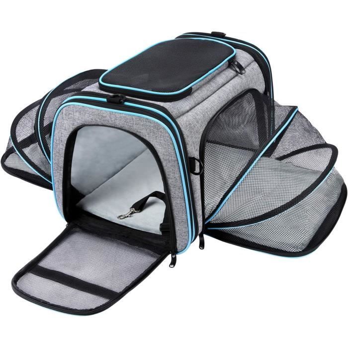 Sac Transport Chat Chien Extensible, Cage de Transport Chat avec Laisse de Sécurité, Poches Latérales pour Voyage, Train et Voiture