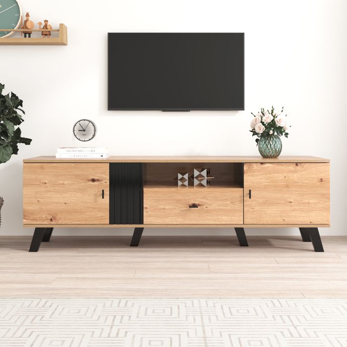 meuble tv/ banc tv 170 cm, avec 2 portes et 1 tiroir, panneaux de particules, style compagne, noir et bois naturel, 170 x 40 x 50