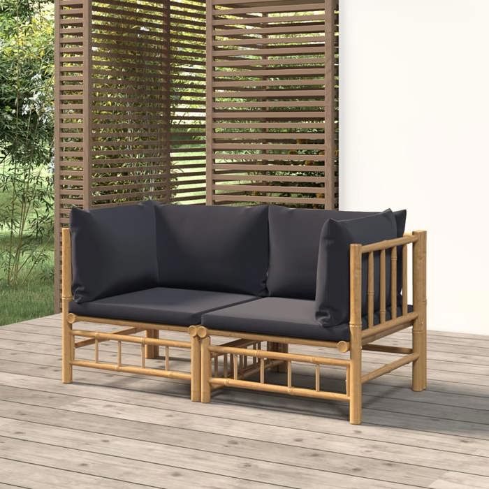 canapés d'angle de jardin avec coussins gris foncé 2 pcs - ensemble de canapé de jardin bambou 9,9 kg 60242