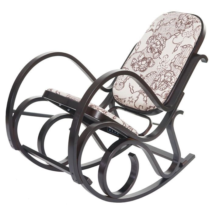 fauteuil à bascule rocking chair en bois fonce et tissu fleur marron