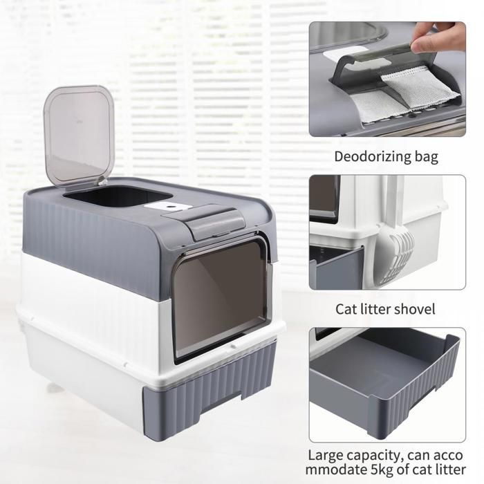Comparer les prix de JEOBEST Bac à Litière pour Chat, Grand Maison de Toilette Chat, Gris, avec Couvercle, Tiroir et Pelle à Litière, 49*37*35cm