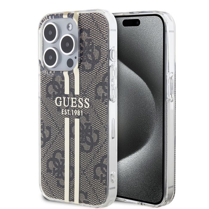 Guess Étui pour iPhone 15 Pro 6.1 marron étui rigide IML 4G Gold Stripe - vue 4