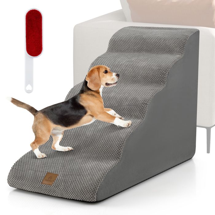 Comparer les prix de GOPLUS Escaliers pour Chiens à 5 Marches, avec Housse Amovible et Lavable, Rembourrage en Mousse Douce, avec Fond Antidérapant