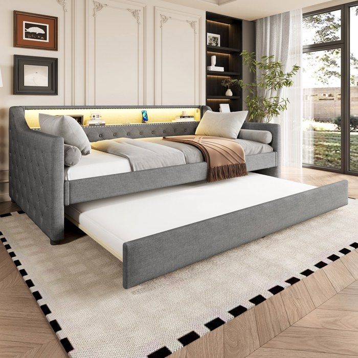 Canapé-lit Enfant 90×200 Cm - Lit Gigogne Inclus - Rangements - Port De Charge Bois Blanc Sans Matelas 96323794