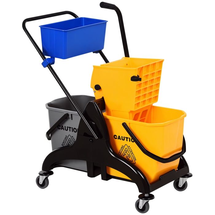 Chariot de ménage - HOMCOM - essoreuse latérale seau 26 L + panier de rangements - 78 x 45 x 95 cm - jaune