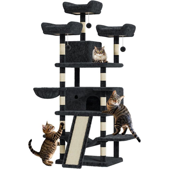 Meilleurs prix pour Arbre à Chat Avec Griffoir, Tour De Jeux pour Chats, 4 Poteaux à Griffer, 2 Plateformes, 2 Niches, 3 Pompons - Gris Foncé