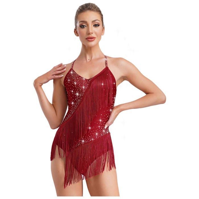 zdhoor Femme Justaucorps Gymnastique Frangé Strass sans Manches Tenue Spectacle