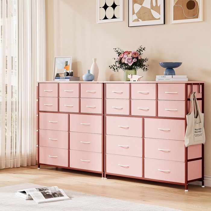 Commode de Rangement - PROMIRACAL - 12 Tiroirs - Cadre Métallique - Poche Latérale - Rose