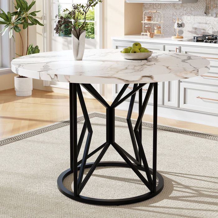 Table à Manger Ronde 100×100×76 cm Table de Cuisine Plateau en MDF Marbré Pieds en Métal Noir Pour Salle à Manger Blanc+Noir