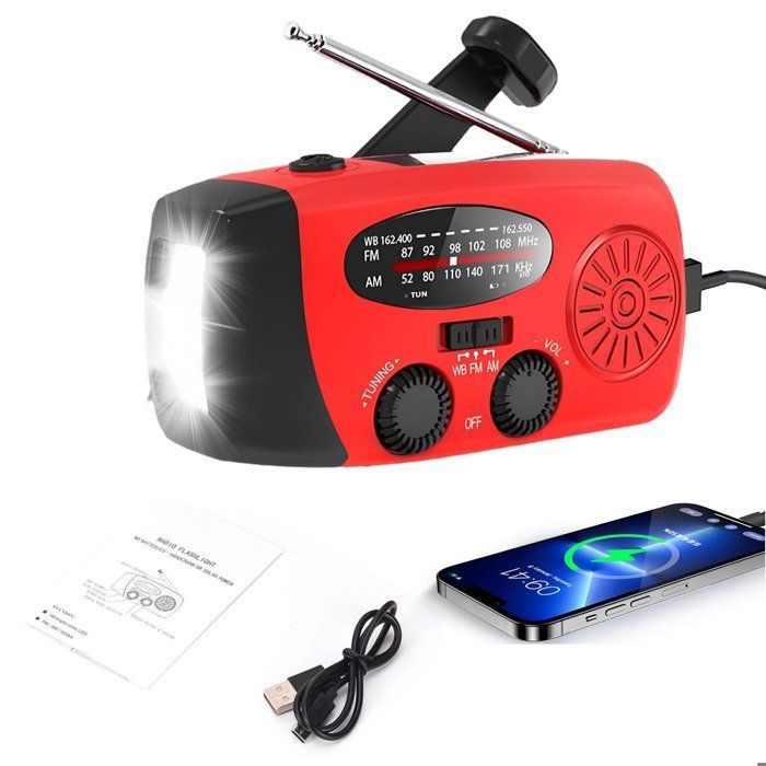 Radio Solaire d’Urgence Radio à Manivelle Auto-alimentée Lampe de Poche LED Météo AM/FM/WB avec Batterie Rechargeable 2000mAh