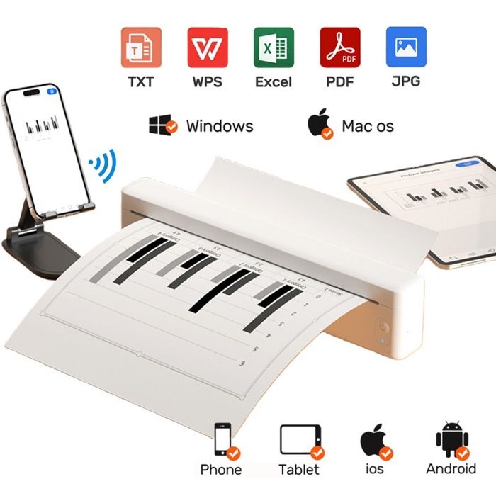 Imprimante Thermique A4 mini imprimante Bluetooth portable WiFi pas dencre poids seulement 430g 251*32*54mm，blanc