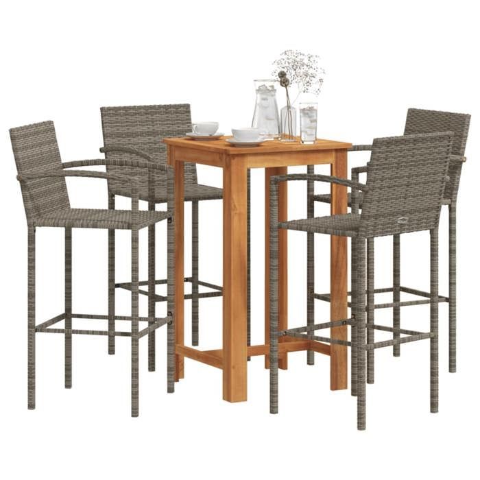 Ensemble de bar de jardin - vidaXL - 5 pièces - Bois massif acacia - Résine tressée - Gris - Table 60x60x105 cm