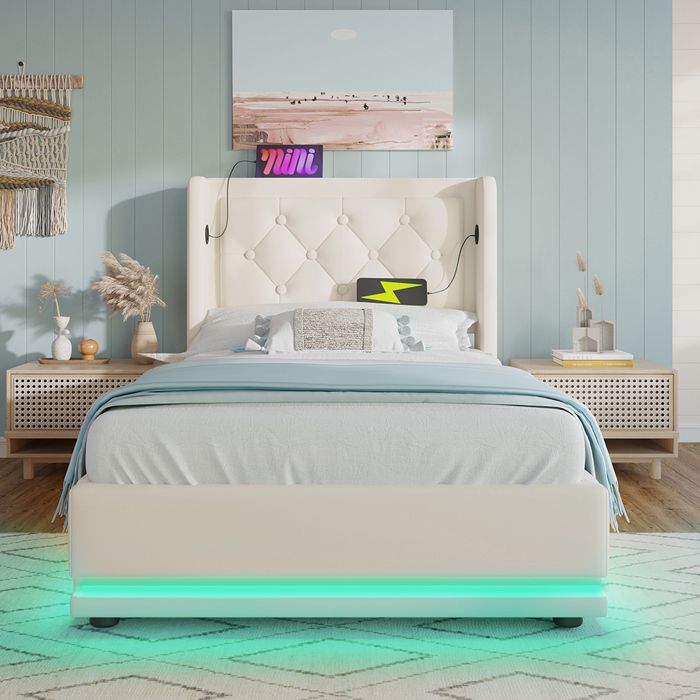 Lit coffre lit simple 90x200 cm en PU - avec LED et port de recharge USB type C - Espace de rangement - Blanc