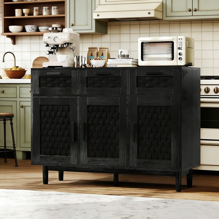 Buffet de salon en rotin - Armoire de cuisine avec 3 portes et 3 tiroirs - Armoire de buffet avec plan de travail - Buffet - Noir