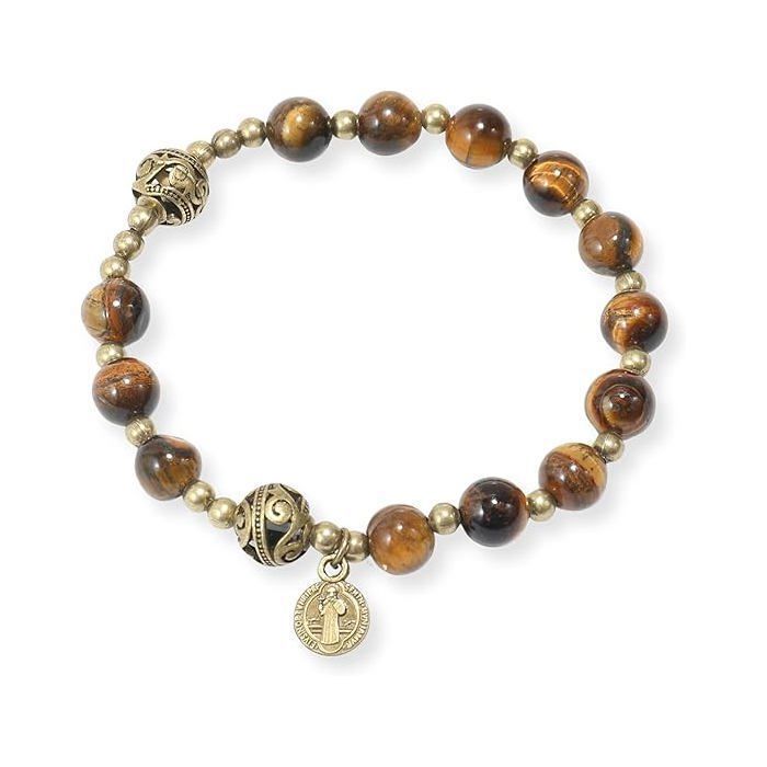 Nazareth Store Bracelet Chapelet en Perles de Pierre Œil de Tigre avec Séparateurs Métalliques et Médaille Saint Benoît Durable