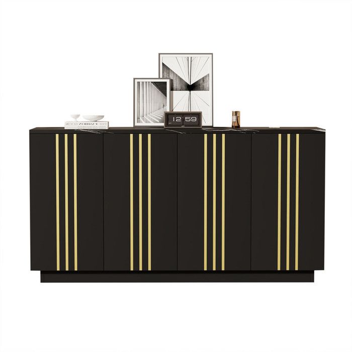 Buffet de salon noir et or avec 4 portes et cloisons réglables armoire de rangement design lignes dorées 35×140×70 cm pour salon