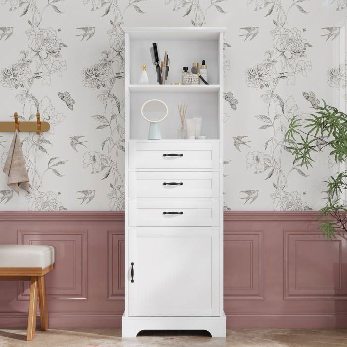 Colonne de Rangement Blanche - avec 3 Tiroirs - Étagères - Meuble de Salle de Bain - 56x25x167cm